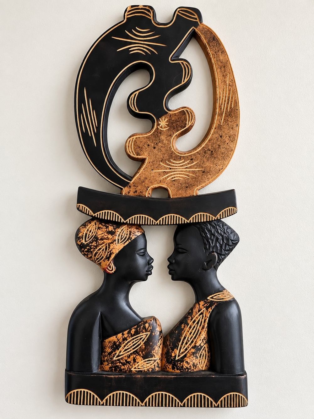 African Inspired Carved Wood Wall Art Couple Tribal Boho Decor 21”